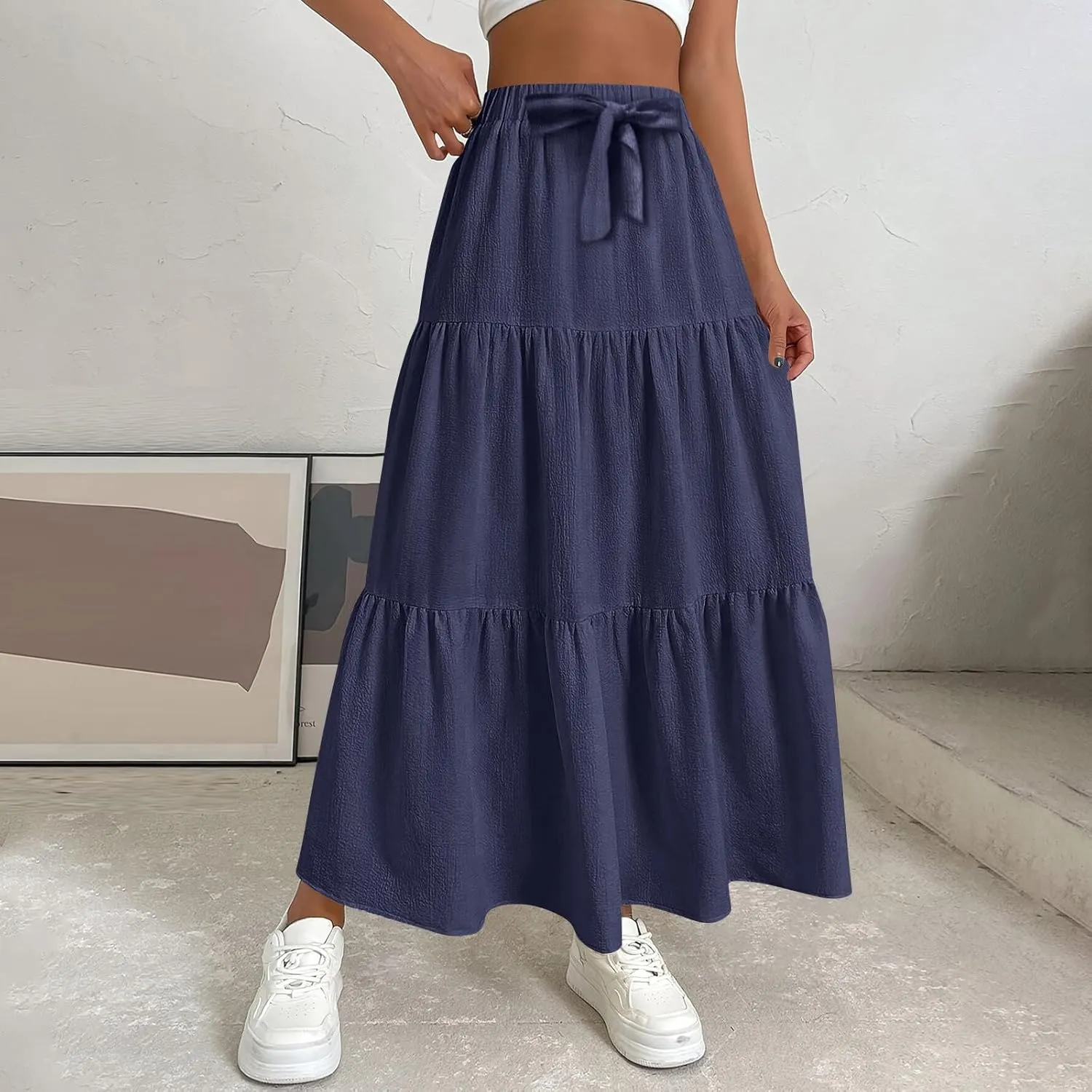 Long Skirts for Women Trendy High Waisted Tiered A Line Linen Skirt Casual Flowy Pleated Beach Maxi Skirts with Tie
