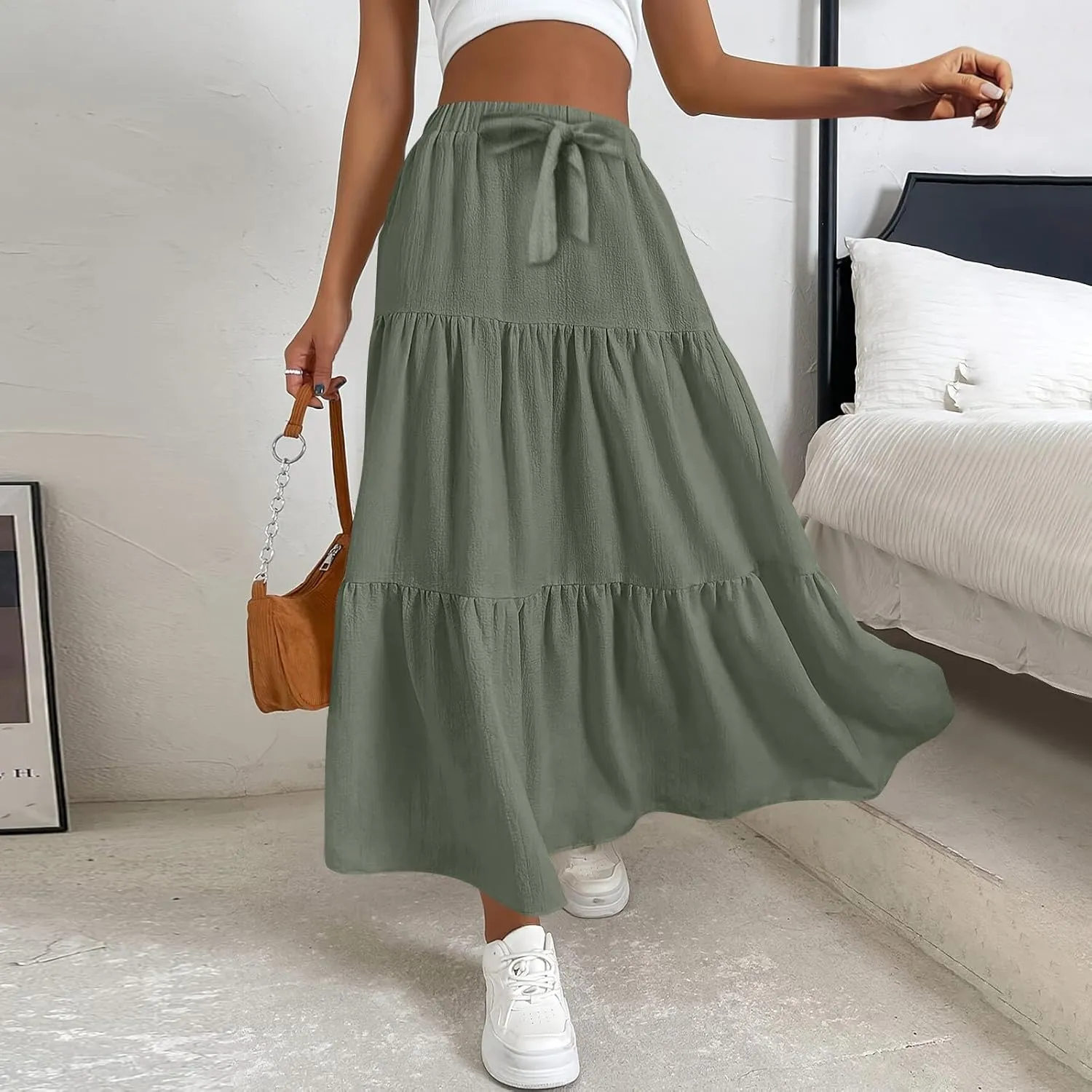 Long Skirts for Women Trendy High Waisted Tiered A Line Linen Skirt Casual Flowy Pleated Beach Maxi Skirts with Tie