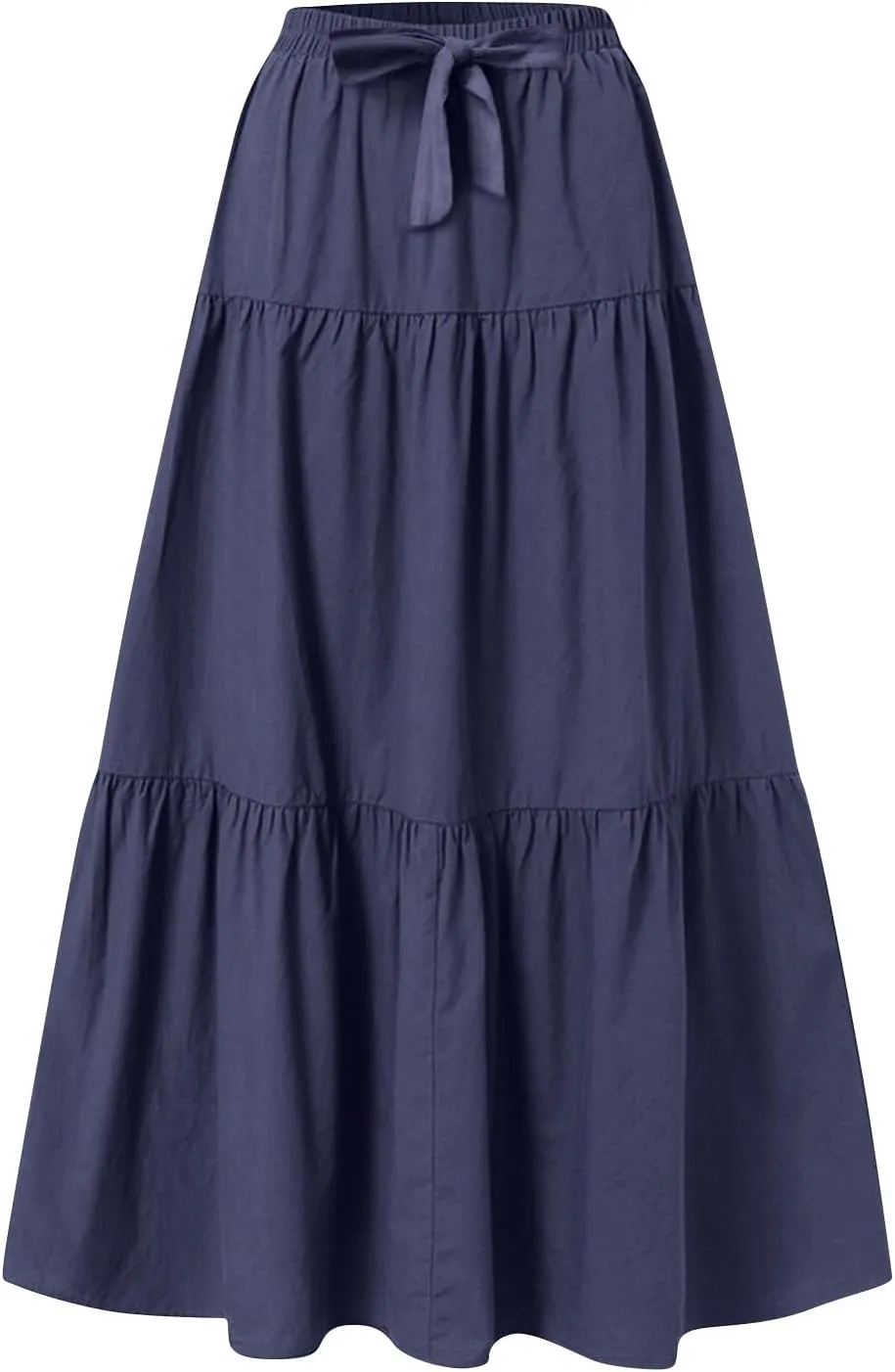 Long Skirts for Women Trendy High Waisted Tiered A Line Linen Skirt Casual Flowy Pleated Beach Maxi Skirts with Tie