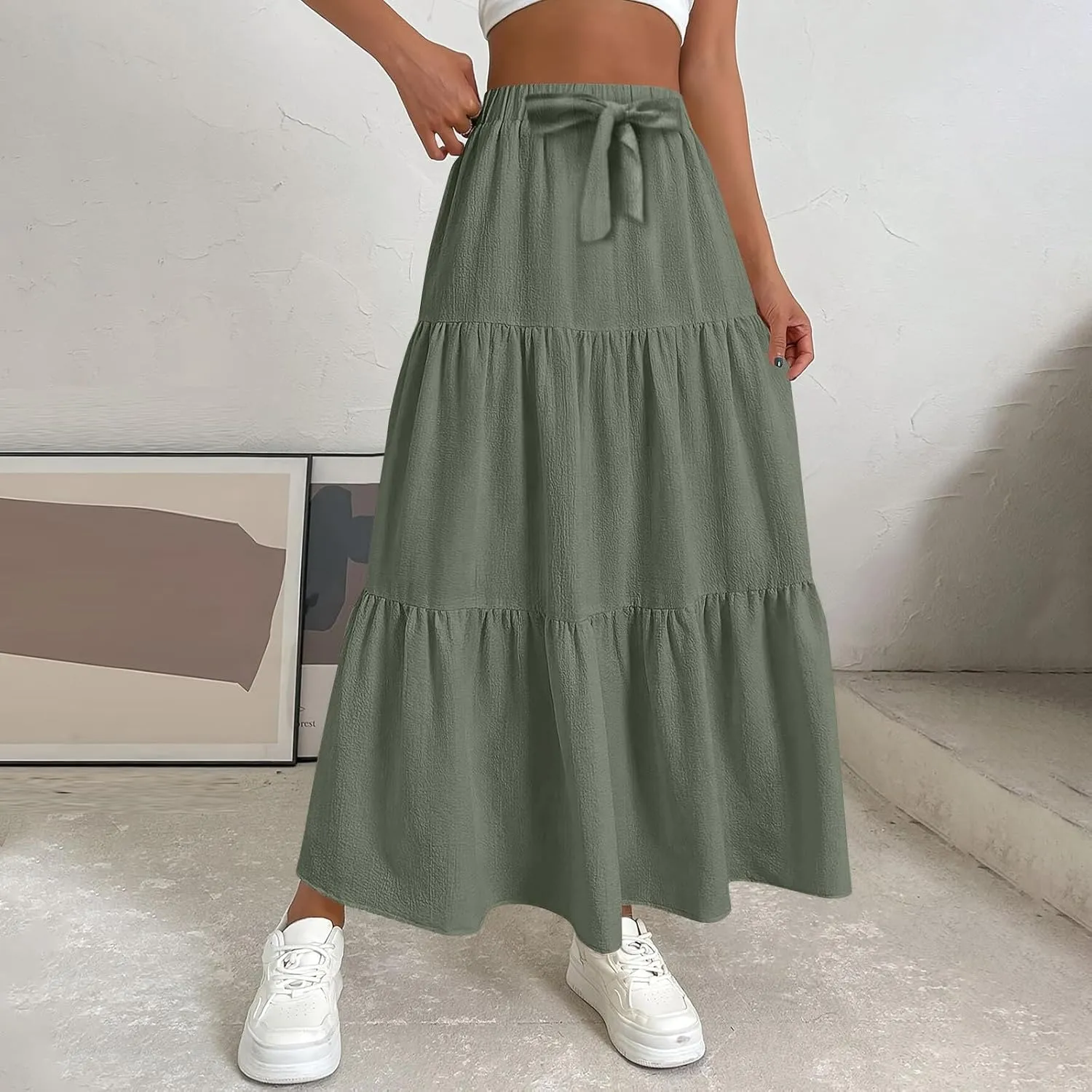 Long Skirts for Women Trendy High Waisted Tiered A Line Linen Skirt Casual Flowy Pleated Beach Maxi Skirts with Tie