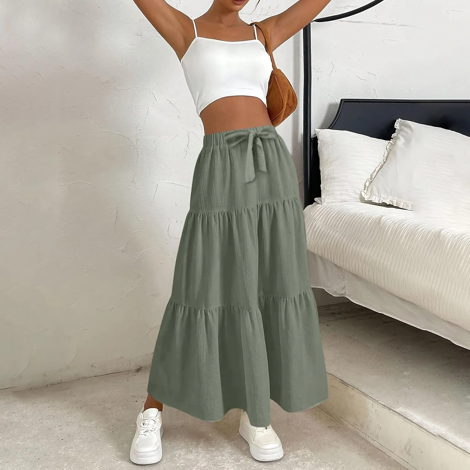 Long Skirts for Women Trendy High Waisted Tiered A Line Linen Skirt Casual Flowy Pleated Beach Maxi Skirts with Tie