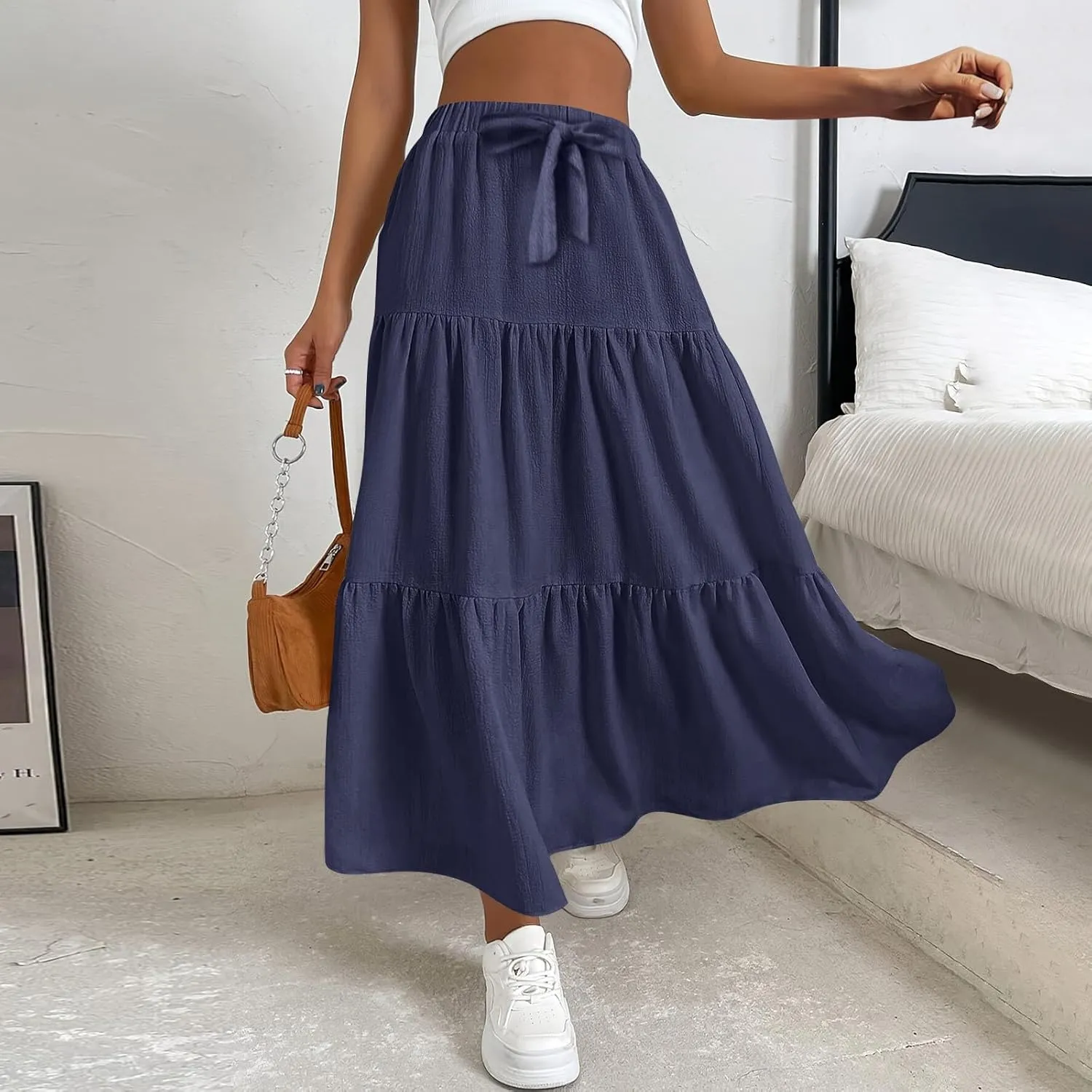 Long Skirts for Women Trendy High Waisted Tiered A Line Linen Skirt Casual Flowy Pleated Beach Maxi Skirts with Tie