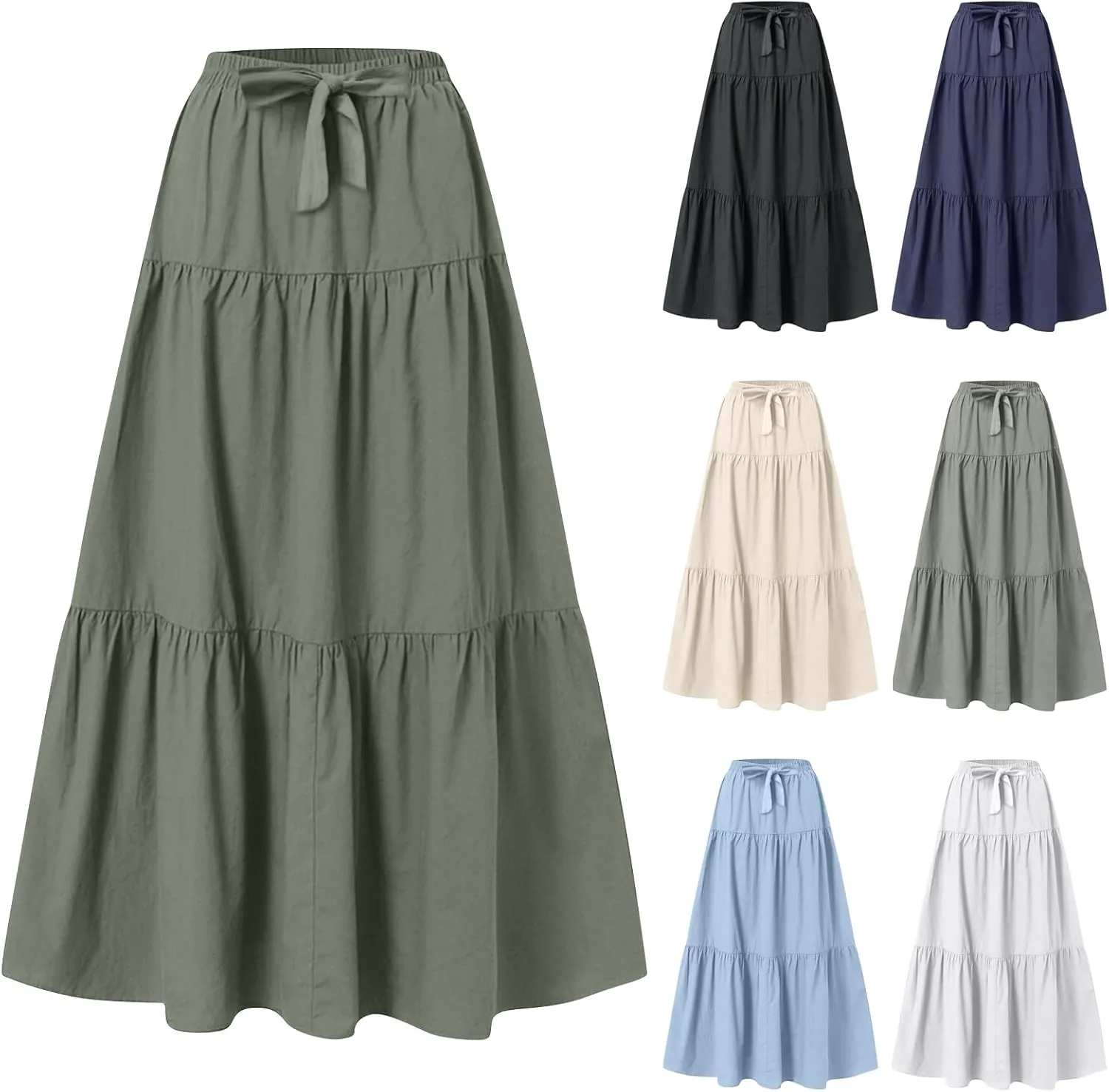Long Skirts for Women Trendy High Waisted Tiered A Line Linen Skirt Casual Flowy Pleated Beach Maxi Skirts with Tie