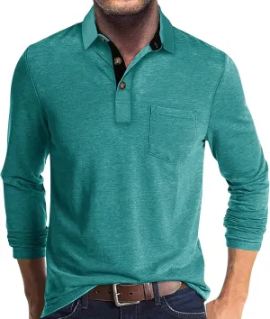 Long Sleeve Polo Shirts for Men Casual Moisture Wicking Shirts with Pockets Comfy Button Collar Classic Golf Shirt
