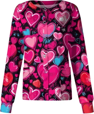 Long Sleeve Scrub Jackets Print Scrub Jackets for Women Snap Front Cute Animals Pattern Medical Nurse Working Uniforms