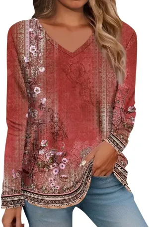 Long Sleeve Shirts for Women Cotton Blouses Dressy Casual Fall 2025 V Neck Spring Tops Floral Print Tees Clothing