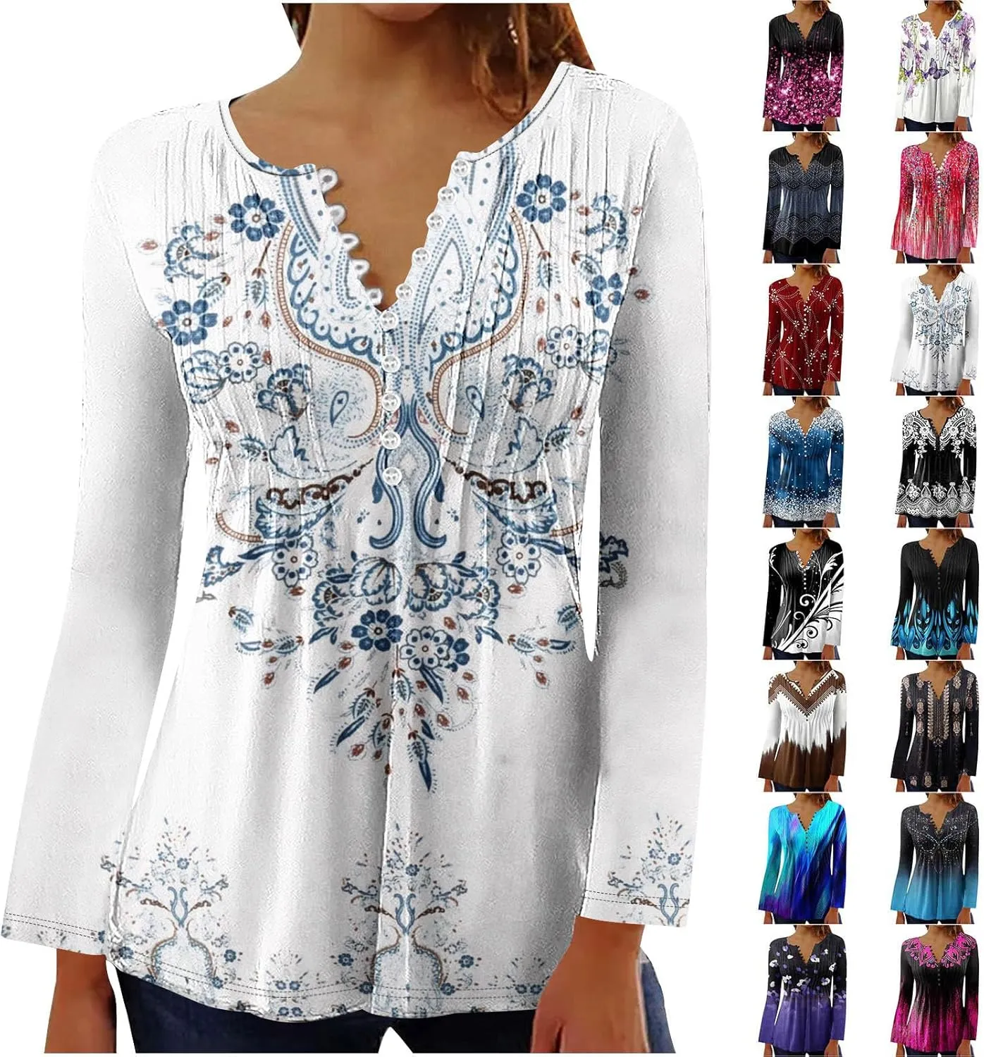 Long Sleeve Shirts for Women Fall Fashion 2024 Boho Floral Print Tunic Tops Button V Neck Tshirt Casual Loose Blouses