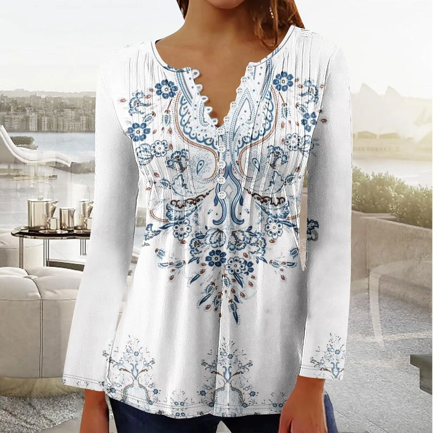 Long Sleeve Shirts for Women Fall Fashion 2024 Boho Floral Print Tunic Tops Button V Neck Tshirt Casual Loose Blouses