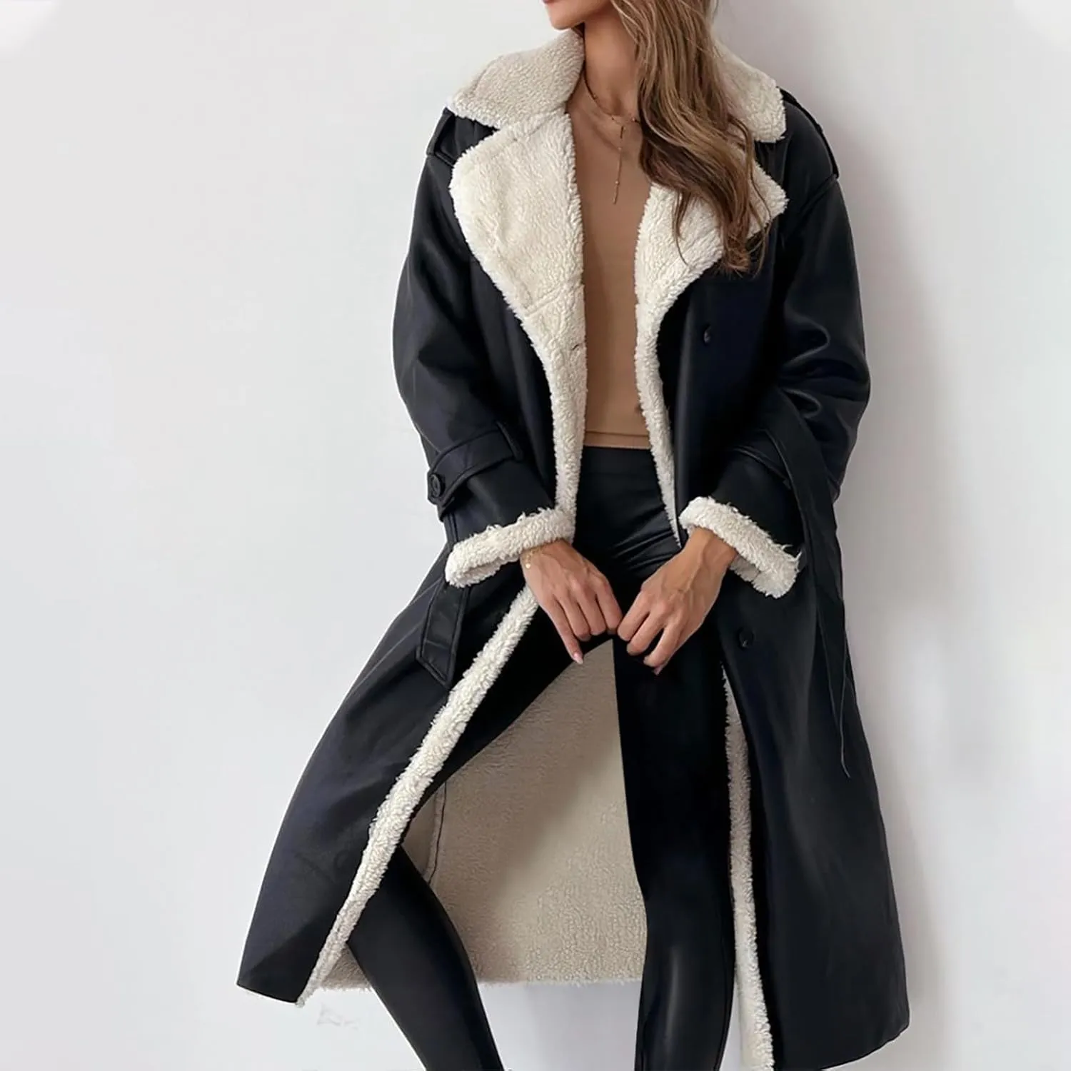 Long Trench Coat for Women Sherpa Lined Jackets Double Breasted Pea Coat Notched Lapel Collar Overcoat Outwear