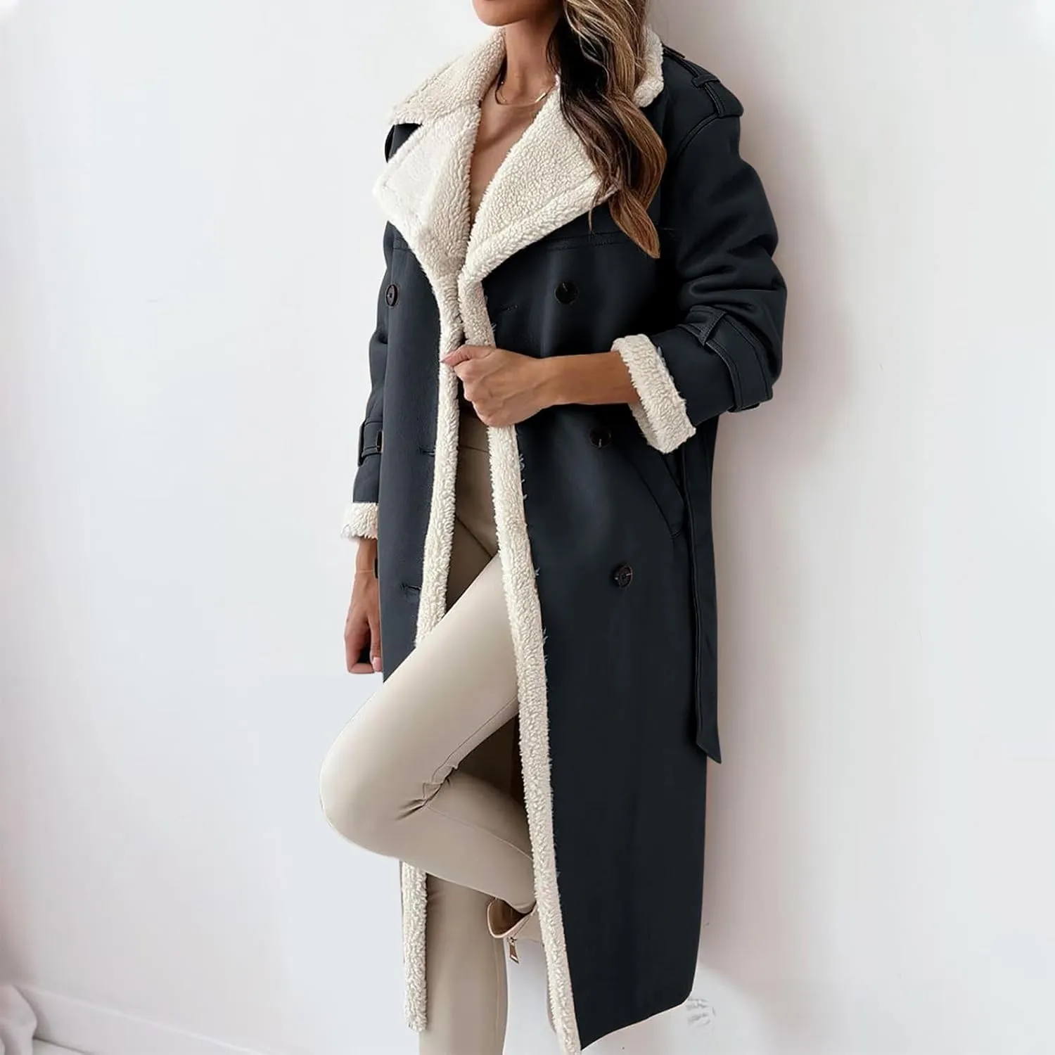Long Trench Coat for Women Sherpa Lined Jackets Double Breasted Pea Coat Notched Lapel Collar Overcoat Outwear