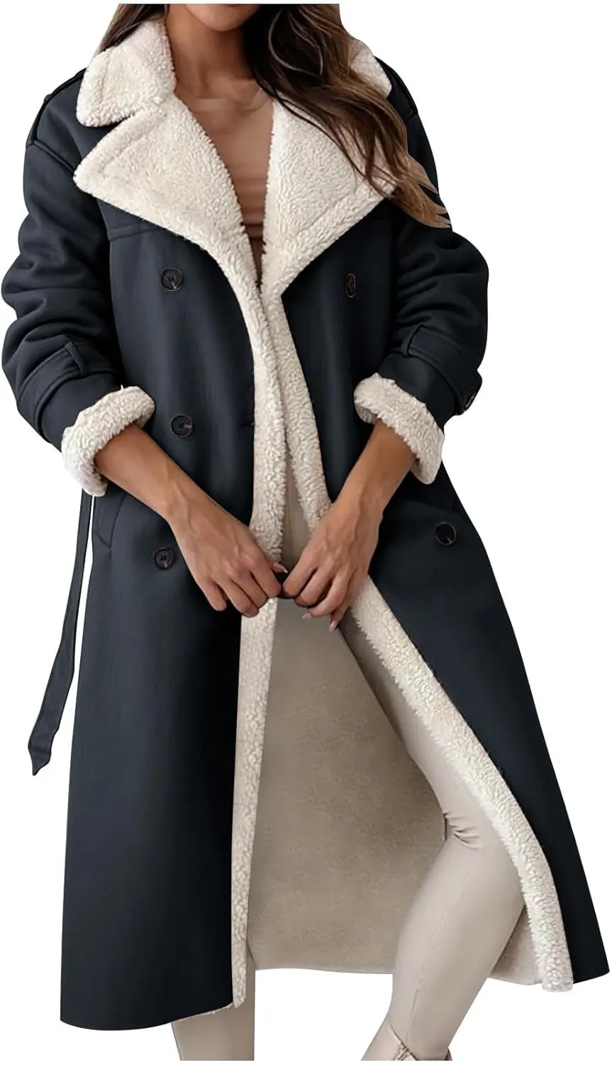 Long Trench Coat for Women Sherpa Lined Jackets Double Breasted Pea Coat Notched Lapel Collar Overcoat Outwear