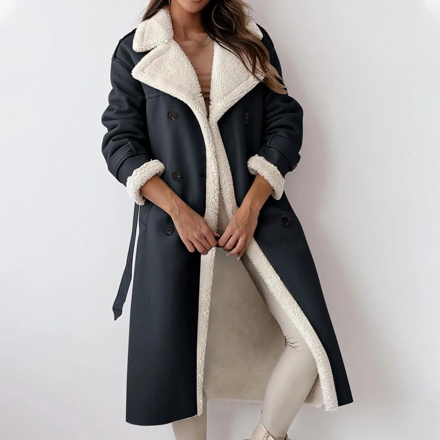 Long Trench Coat for Women Sherpa Lined Jackets Double Breasted Pea Coat Notched Lapel Collar Overcoat Outwear