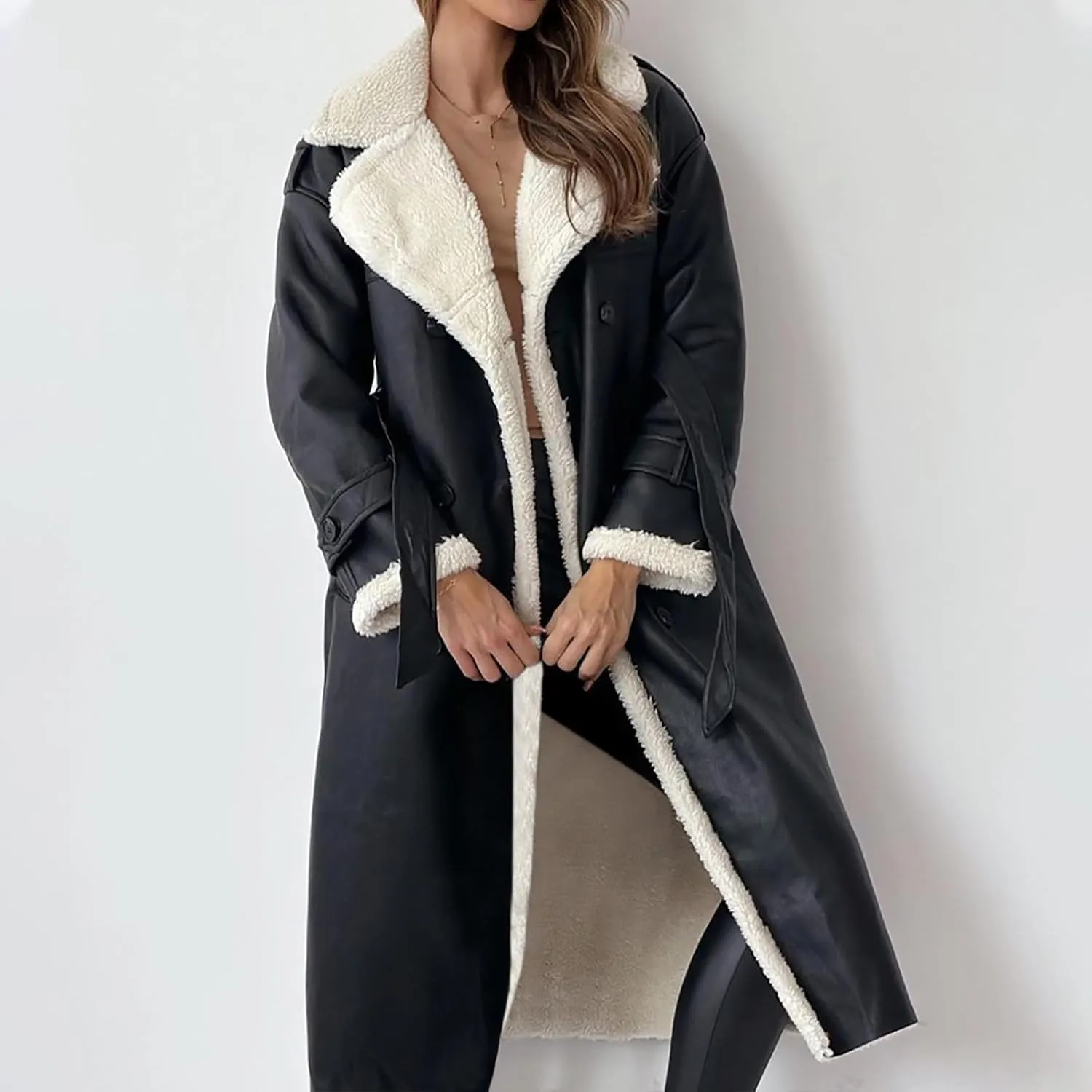Long Trench Coat for Women Sherpa Lined Jackets Double Breasted Pea Coat Notched Lapel Collar Overcoat Outwear