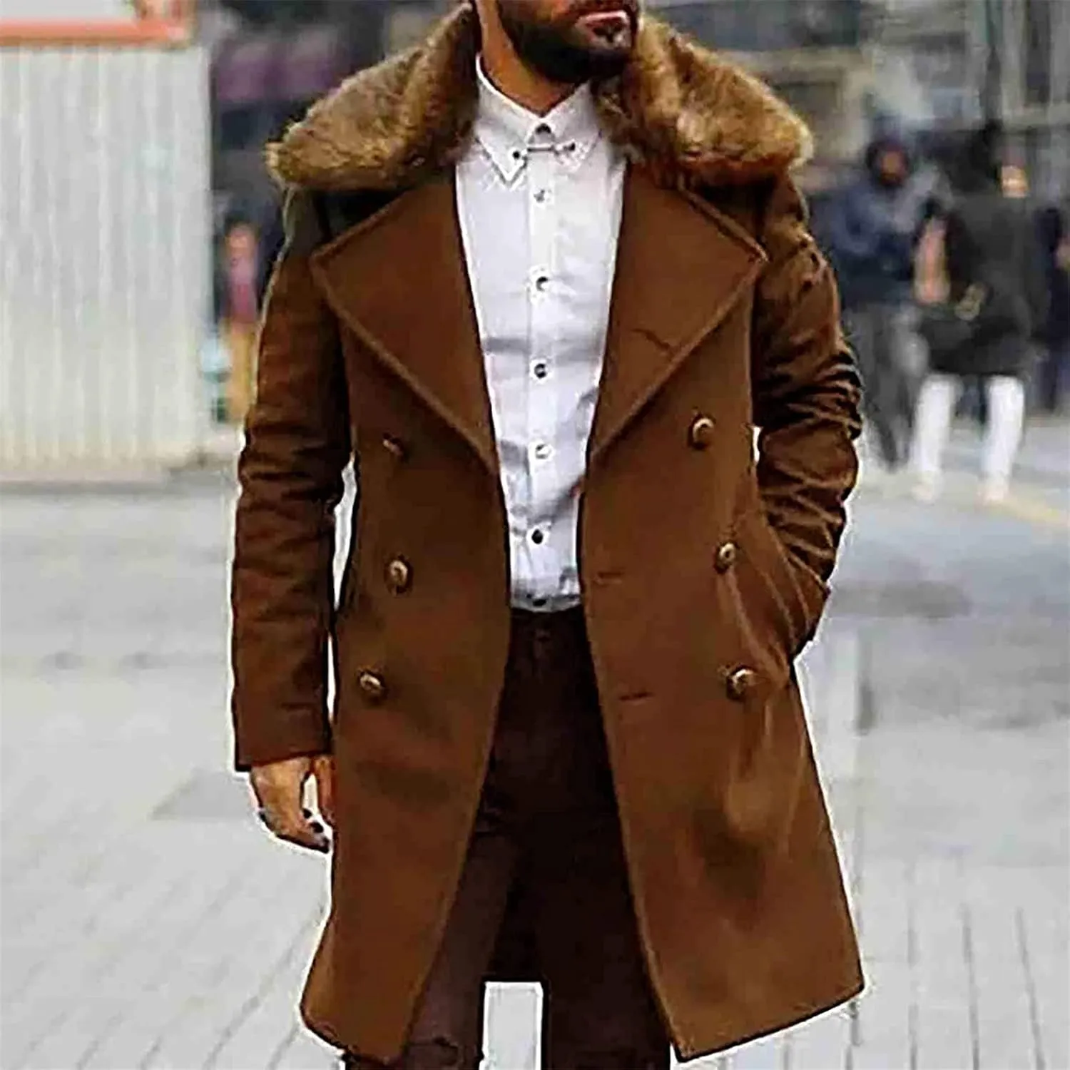 Maiyifu-GJ Men's Lapel Double Breasted Trench Coat Winter Warm Business Long Pea Coats Removable Faux Fur Collar Overcoat