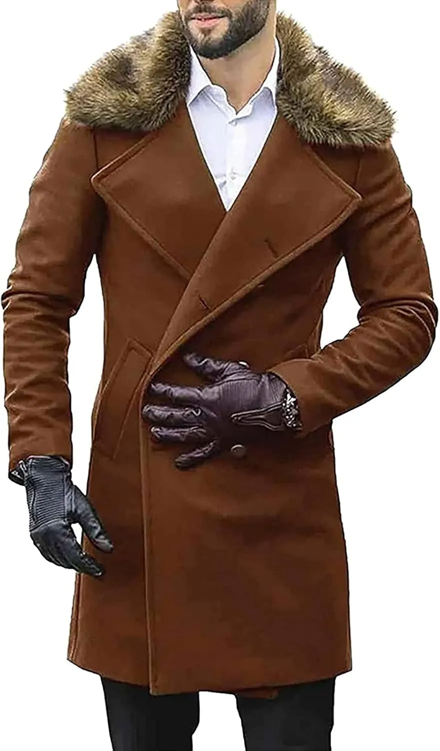 Maiyifu-GJ Men's Lapel Double Breasted Trench Coat Winter Warm Business Long Pea Coats Removable Faux Fur Collar Overcoat