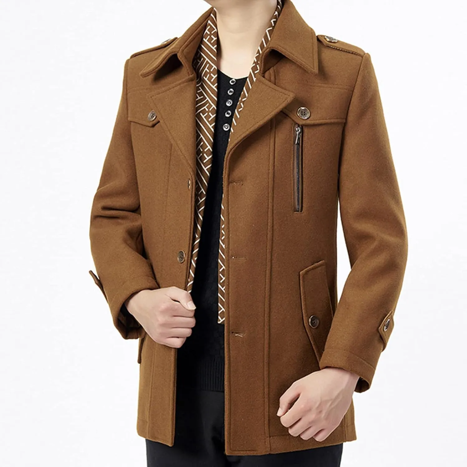 Maiyifu-GJ Men's Single breasted Trench Coat Slim Winter Warm Business Jacket Stylish Lapel Overcoat with Detachable Scarf