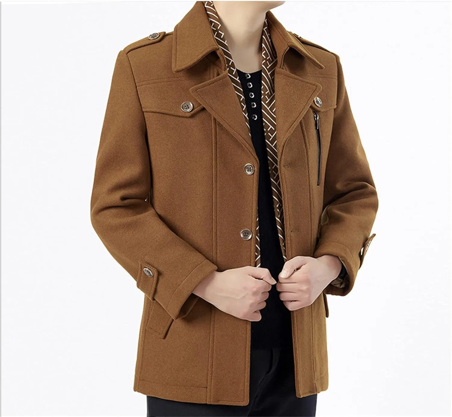 Maiyifu-GJ Men's Single breasted Trench Coat Slim Winter Warm Business Jacket Stylish Lapel Overcoat with Detachable Scarf
