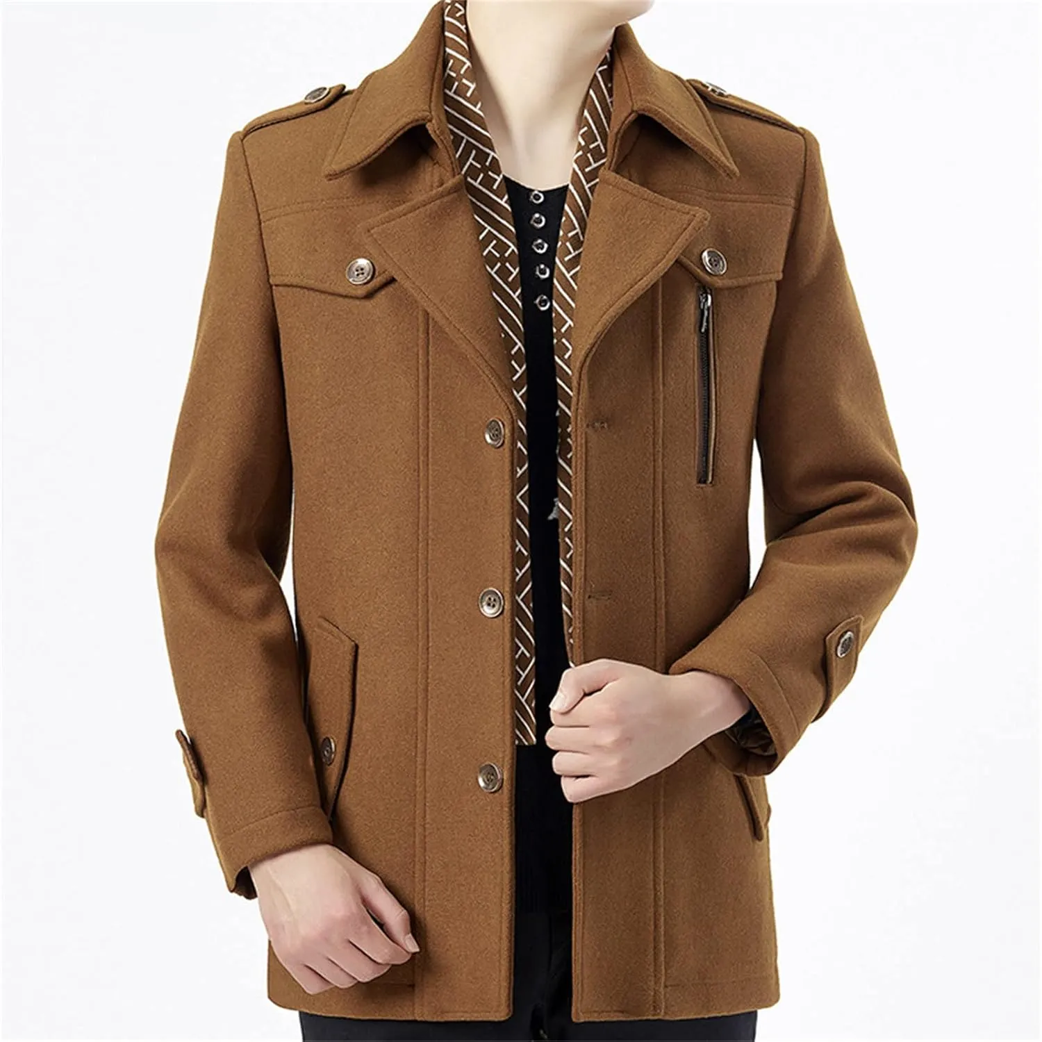 Maiyifu-GJ Men's Single breasted Trench Coat Slim Winter Warm Business Jacket Stylish Lapel Overcoat with Detachable Scarf