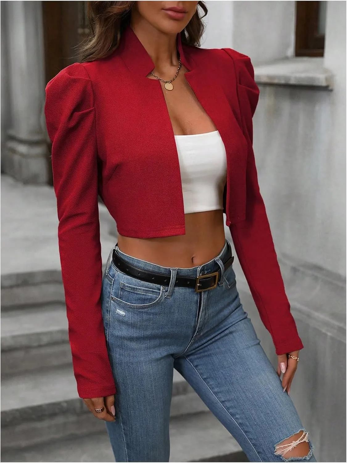 MakeMeChic Women's Business Casual Blazers Long Puff Sleeve Open Front Work Office Cropped Blazer Suit Jacket