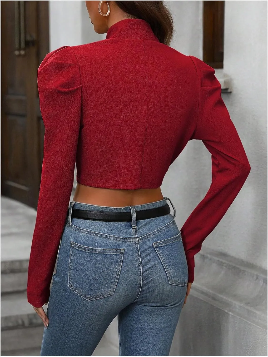 MakeMeChic Women's Business Casual Blazers Long Puff Sleeve Open Front Work Office Cropped Blazer Suit Jacket