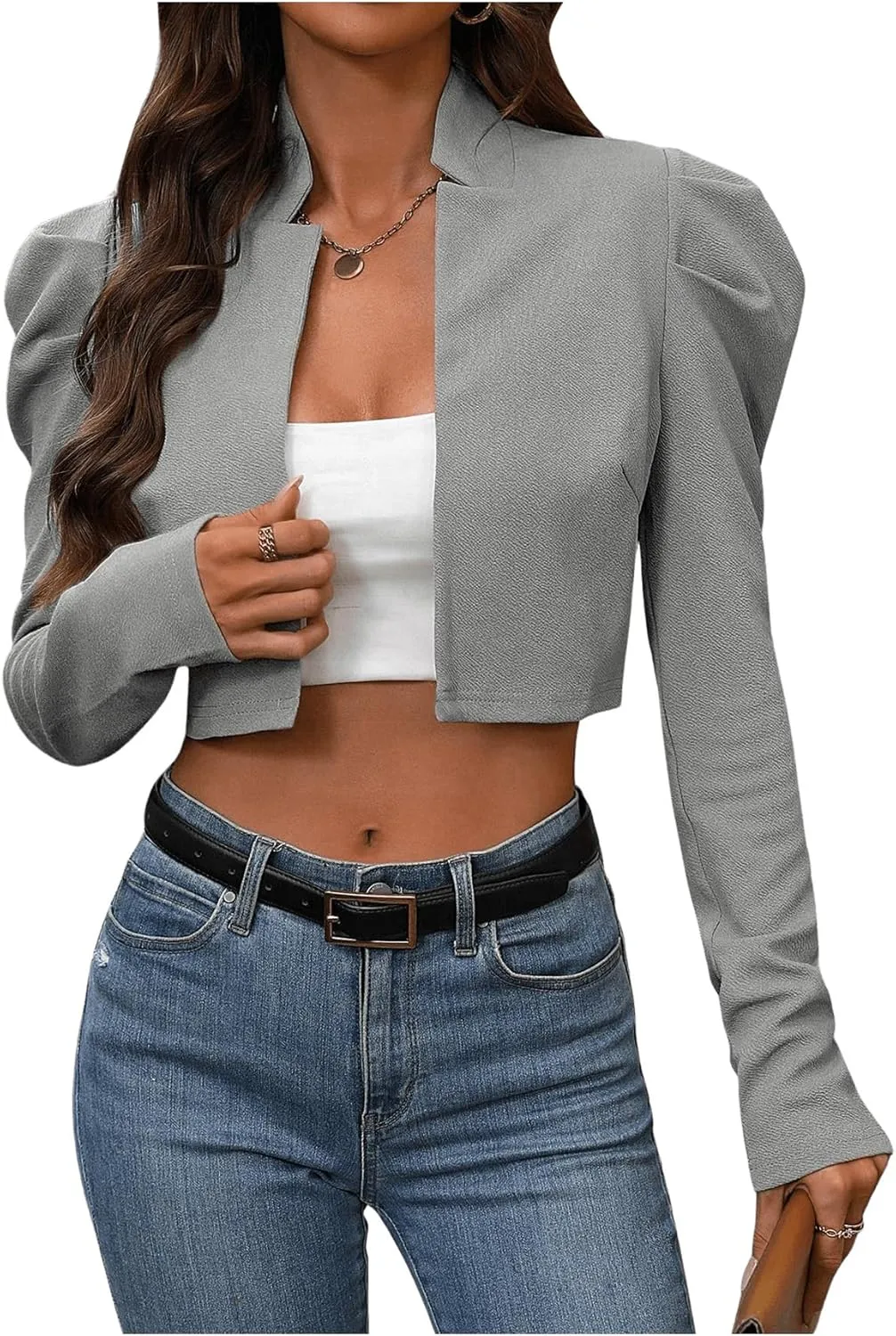 MakeMeChic Women's Business Casual Blazers Long Puff Sleeve Open Front Work Office Cropped Blazer Suit Jacket