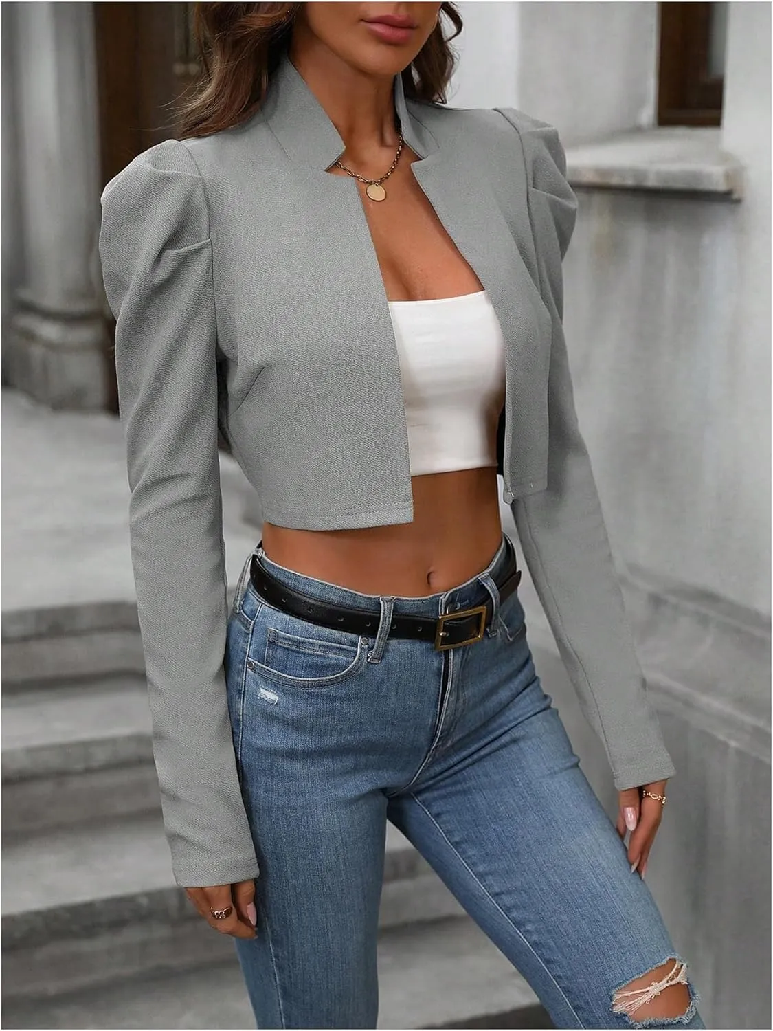 MakeMeChic Women's Business Casual Blazers Long Puff Sleeve Open Front Work Office Cropped Blazer Suit Jacket