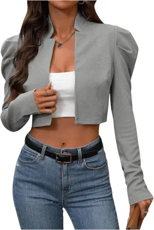 MakeMeChic Women's Business Casual Blazers Long Puff Sleeve Open Front Work Office Cropped Blazer Suit Jacket