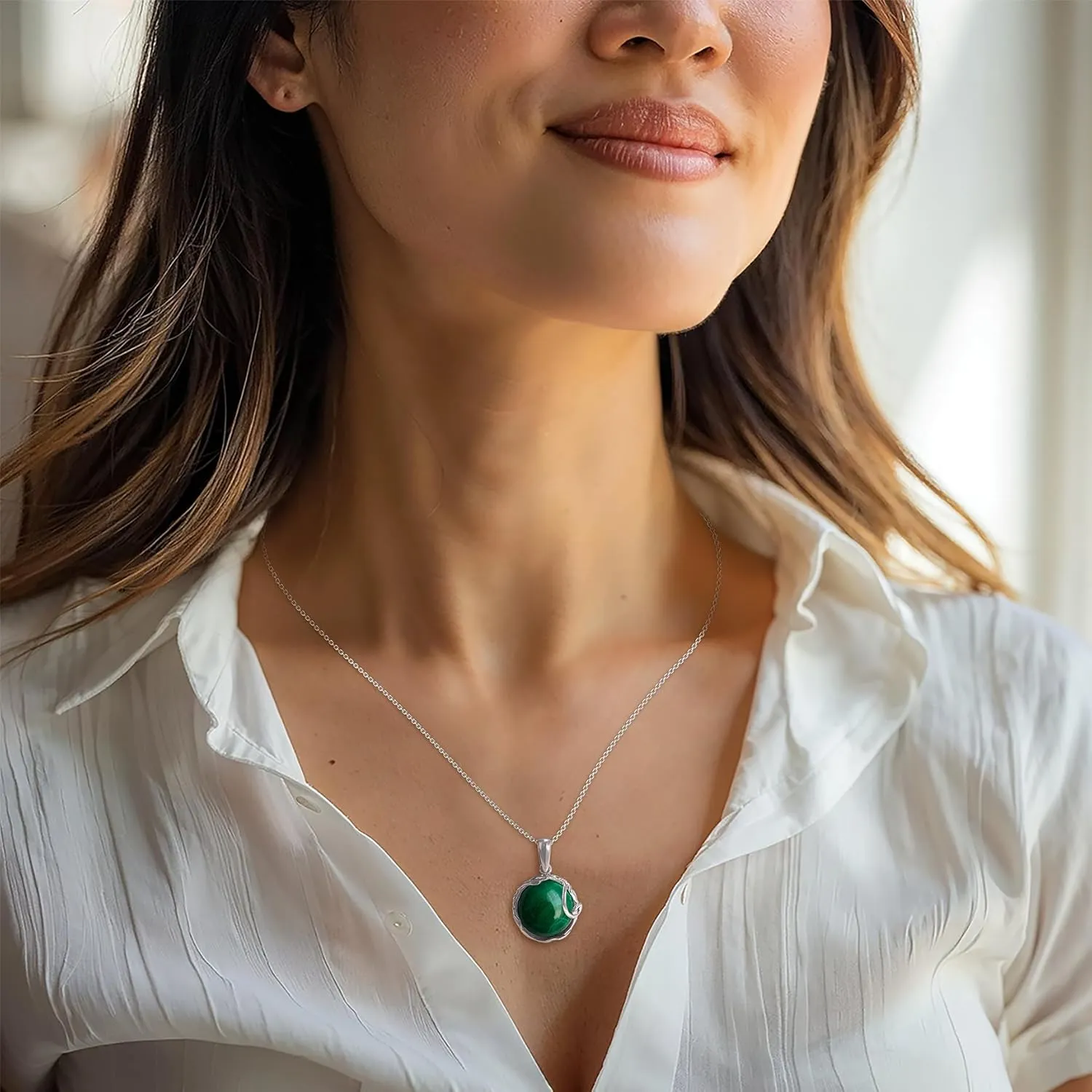Malachite Necklaces for Women Silver - May Birthstone Necklace - May Necklace Silver Jewelry for Women - Malachite Jewelry Silver Necklaces for Women - Everyday Necklaces for Women