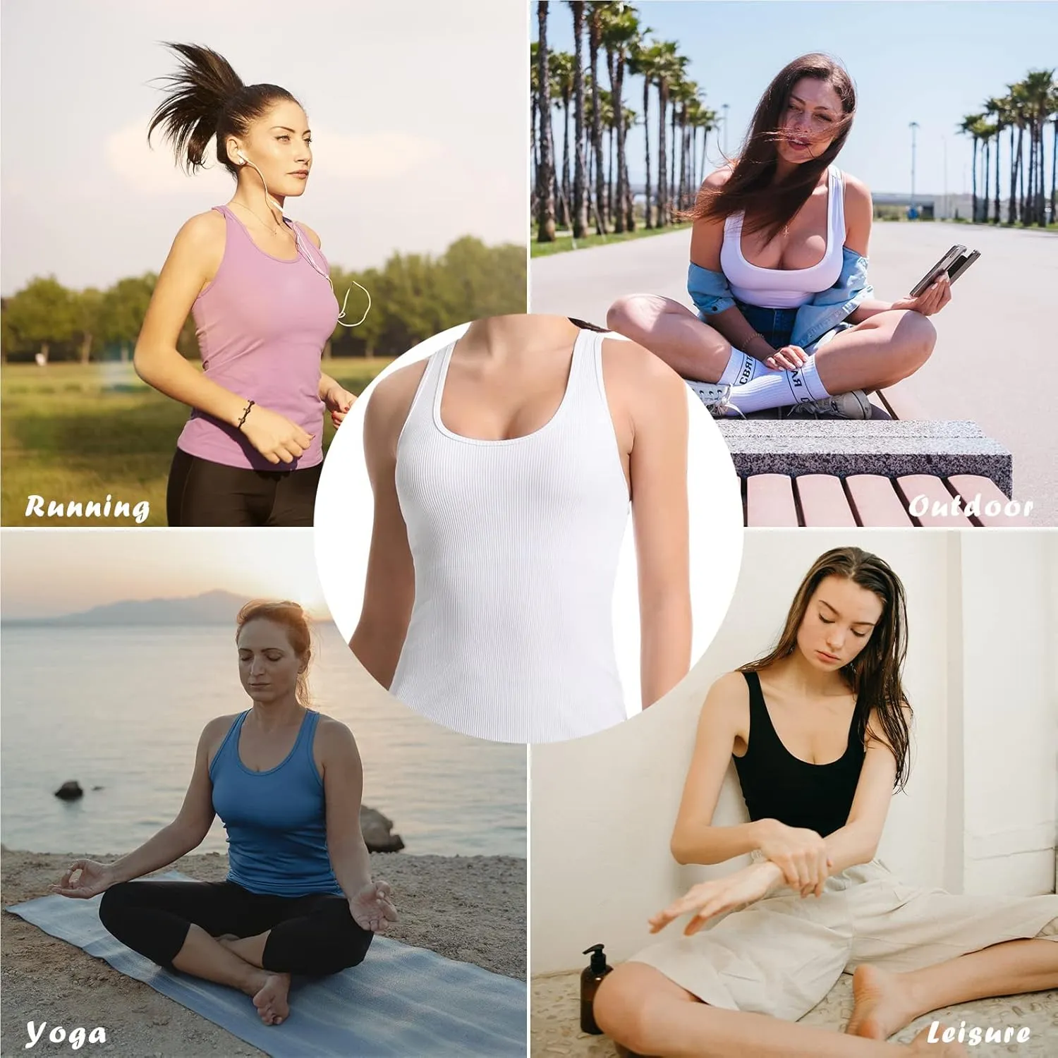 MATHACINO Yoga Tank Tops for Women with Built in Bra Workout Tops Yoga Shirts Athletic Camisole Longline Sports Bra Tanks