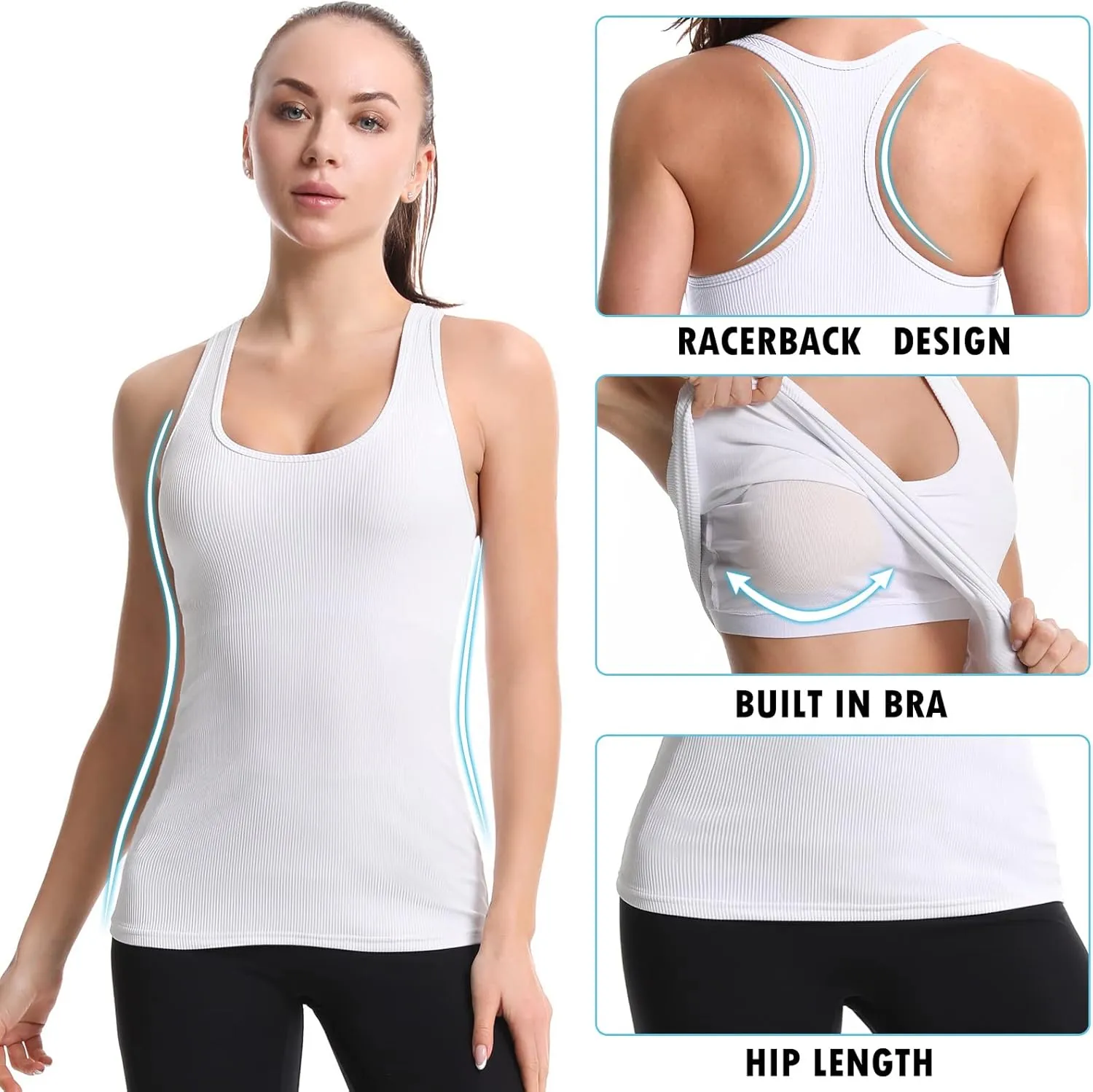 MATHACINO Yoga Tank Tops for Women with Built in Bra Workout Tops Yoga Shirts Athletic Camisole Longline Sports Bra Tanks