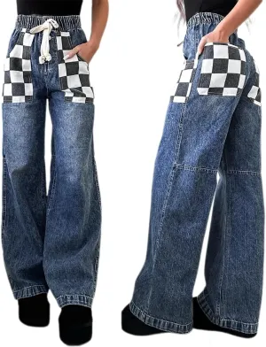 Melliflo Women's Plaid Denim Pants Drawstring High Waist Straight Leg Jeans Fashion Casual Checkered Trousers with Pockets