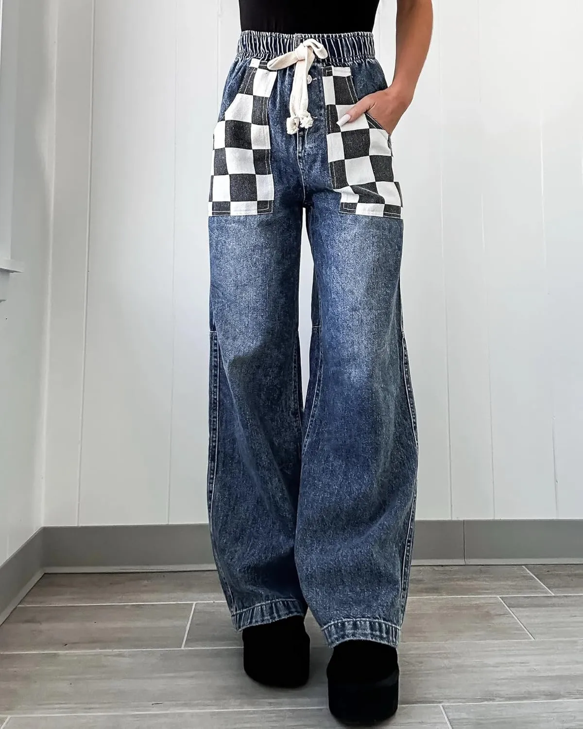 Melliflo Women's Plaid Denim Pants Drawstring High Waist Straight Leg Jeans Fashion Casual Checkered Trousers with Pockets