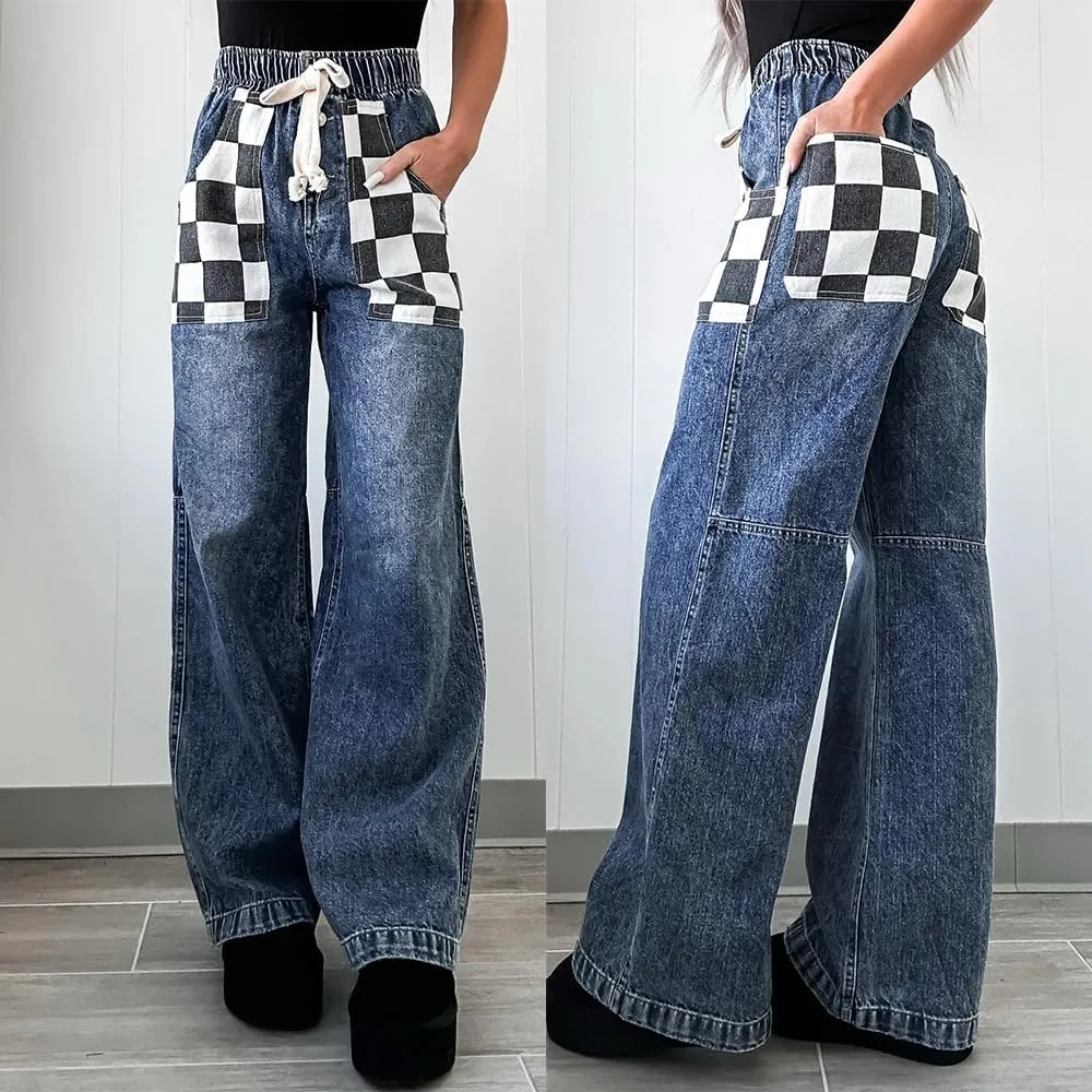 Melliflo Women's Plaid Denim Pants Drawstring High Waist Straight Leg Jeans Fashion Casual Checkered Trousers with Pockets