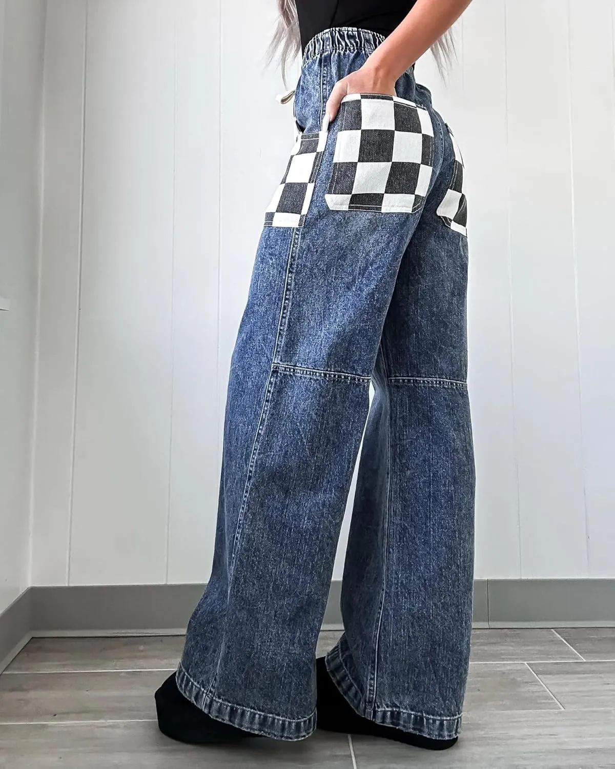 Melliflo Women's Plaid Denim Pants Drawstring High Waist Straight Leg Jeans Fashion Casual Checkered Trousers with Pockets