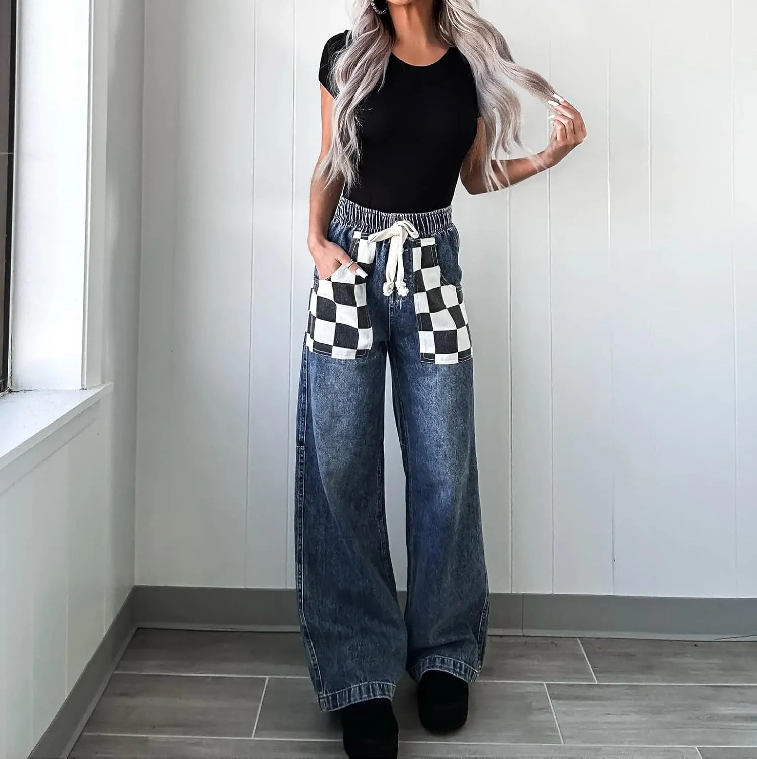Melliflo Women's Plaid Denim Pants Drawstring High Waist Straight Leg Jeans Fashion Casual Checkered Trousers with Pockets