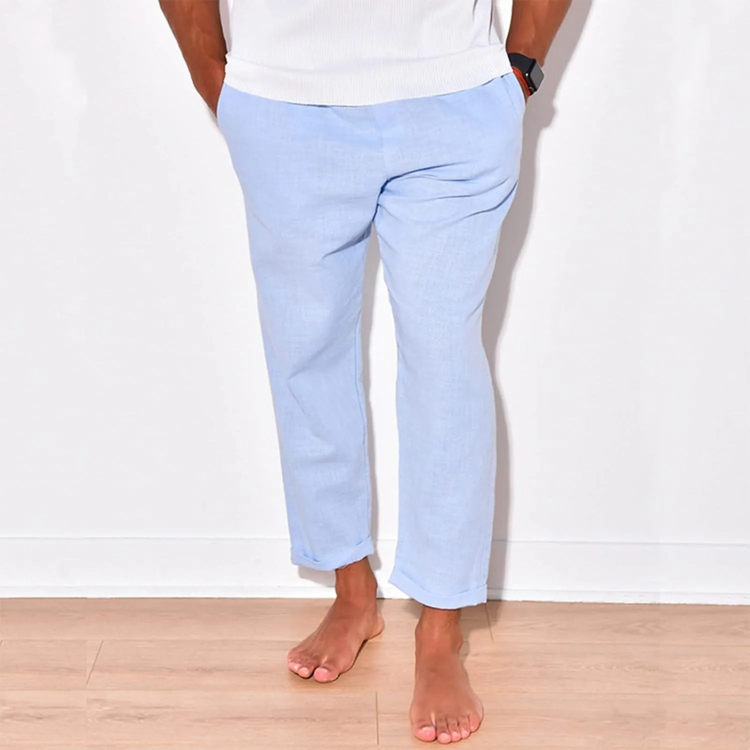 Men Linen Pants Elastic Waist Drawstring Beach Pants Harem Summer Pants Lightweight Linen Trousers with Pockets