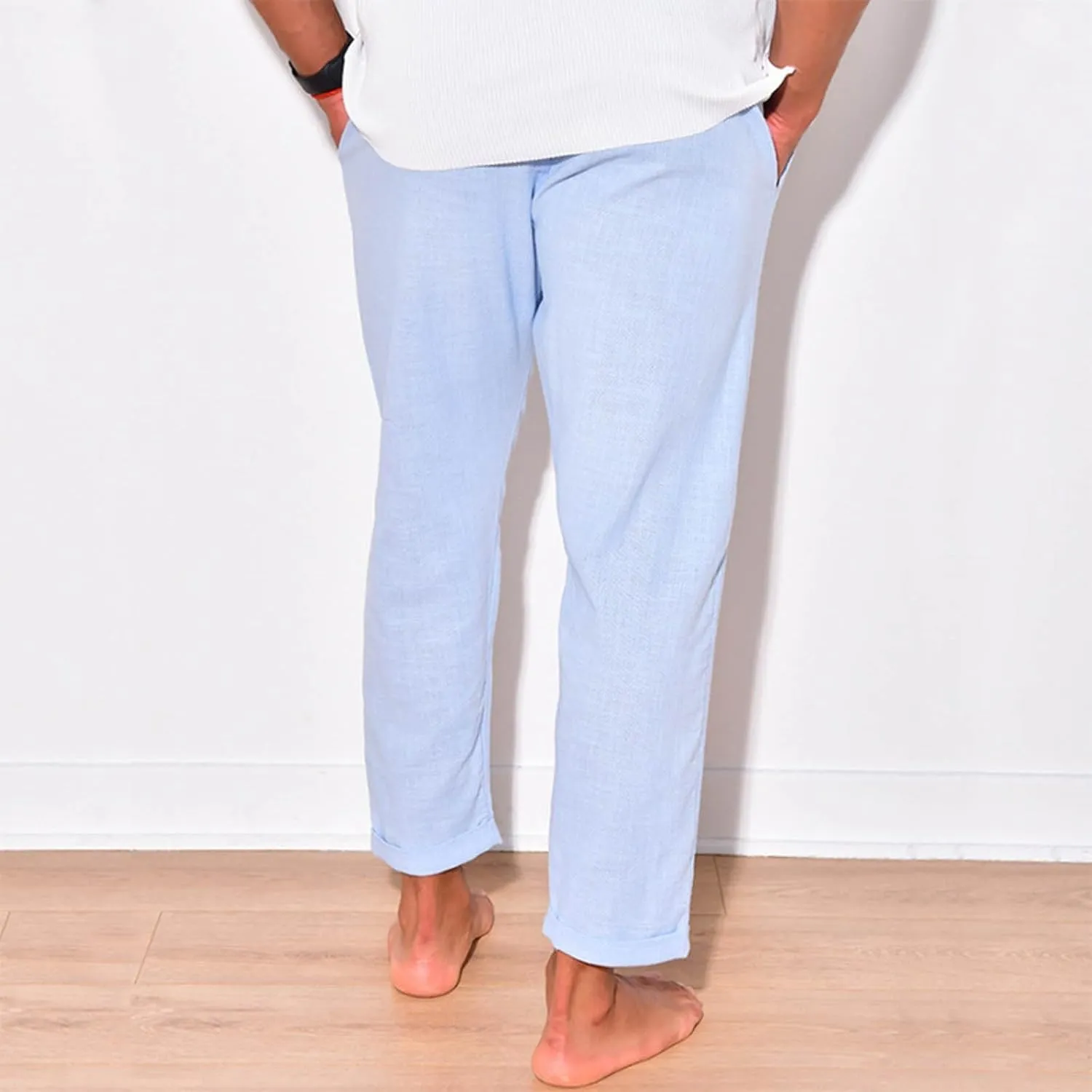 Men Linen Pants Elastic Waist Drawstring Beach Pants Harem Summer Pants Lightweight Linen Trousers with Pockets