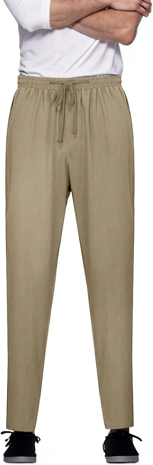 Men Linen Pants Elastic Waist Drawstring Beach Pants Harem Summer Pants Lightweight Linen Trousers with Pockets