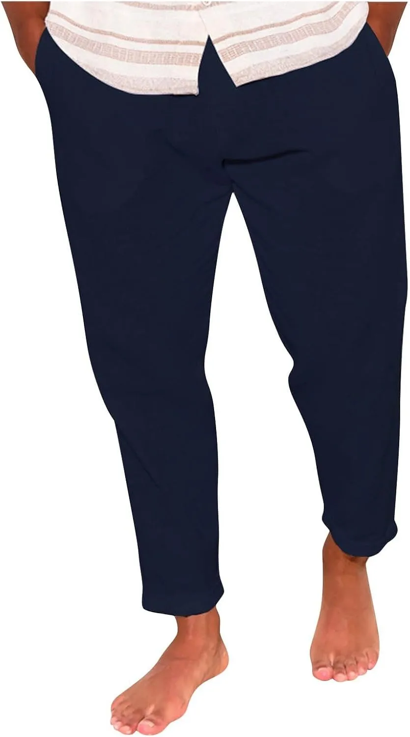 Men Linen Pants Elastic Waist Drawstring Beach Pants Harem Summer Pants Lightweight Linen Trousers with Pockets