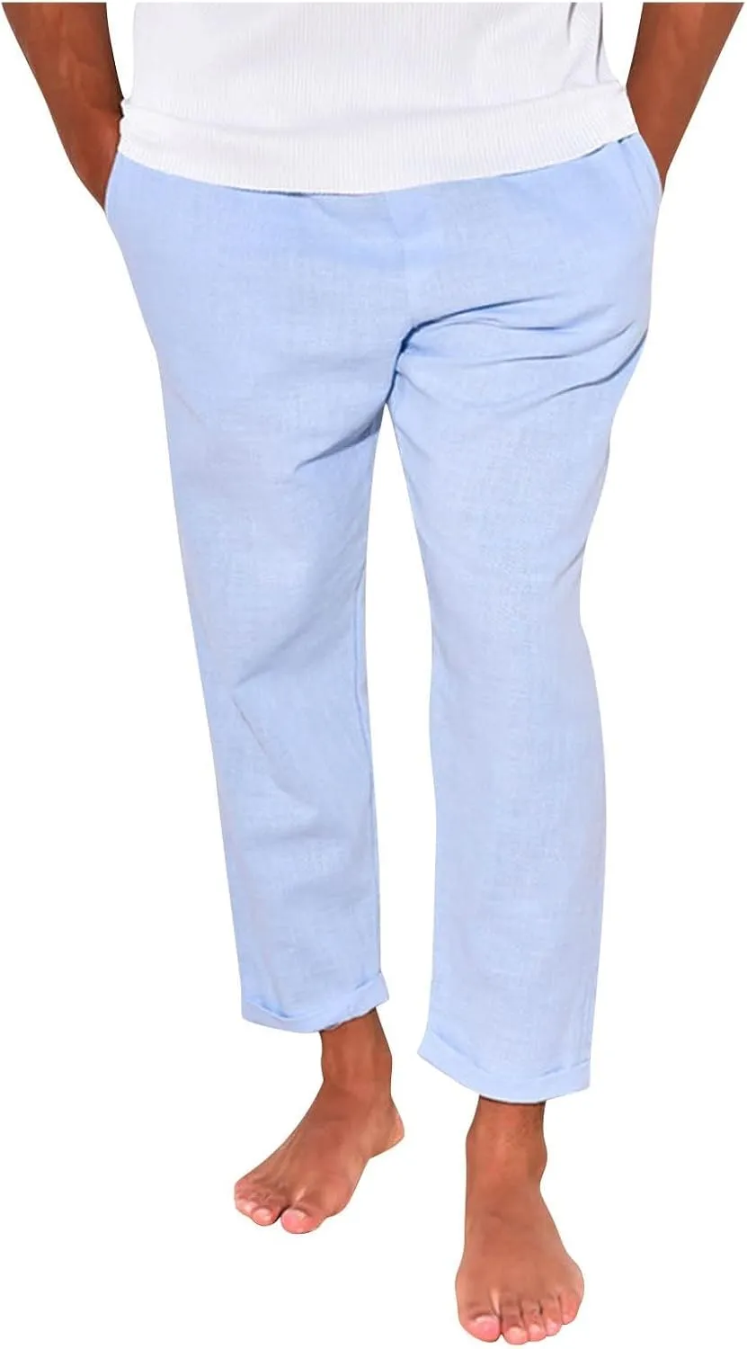Men Linen Pants Elastic Waist Drawstring Beach Pants Harem Summer Pants Lightweight Linen Trousers with Pockets
