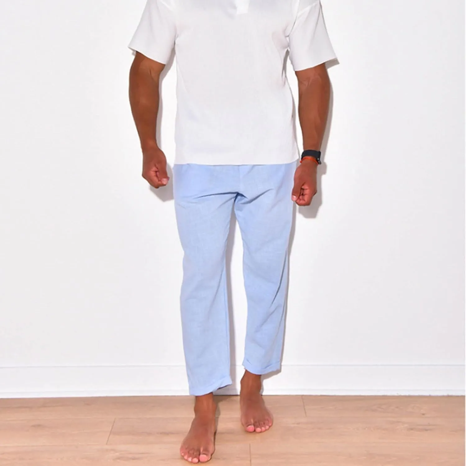 Men Linen Pants Elastic Waist Drawstring Beach Pants Harem Summer Pants Lightweight Linen Trousers with Pockets