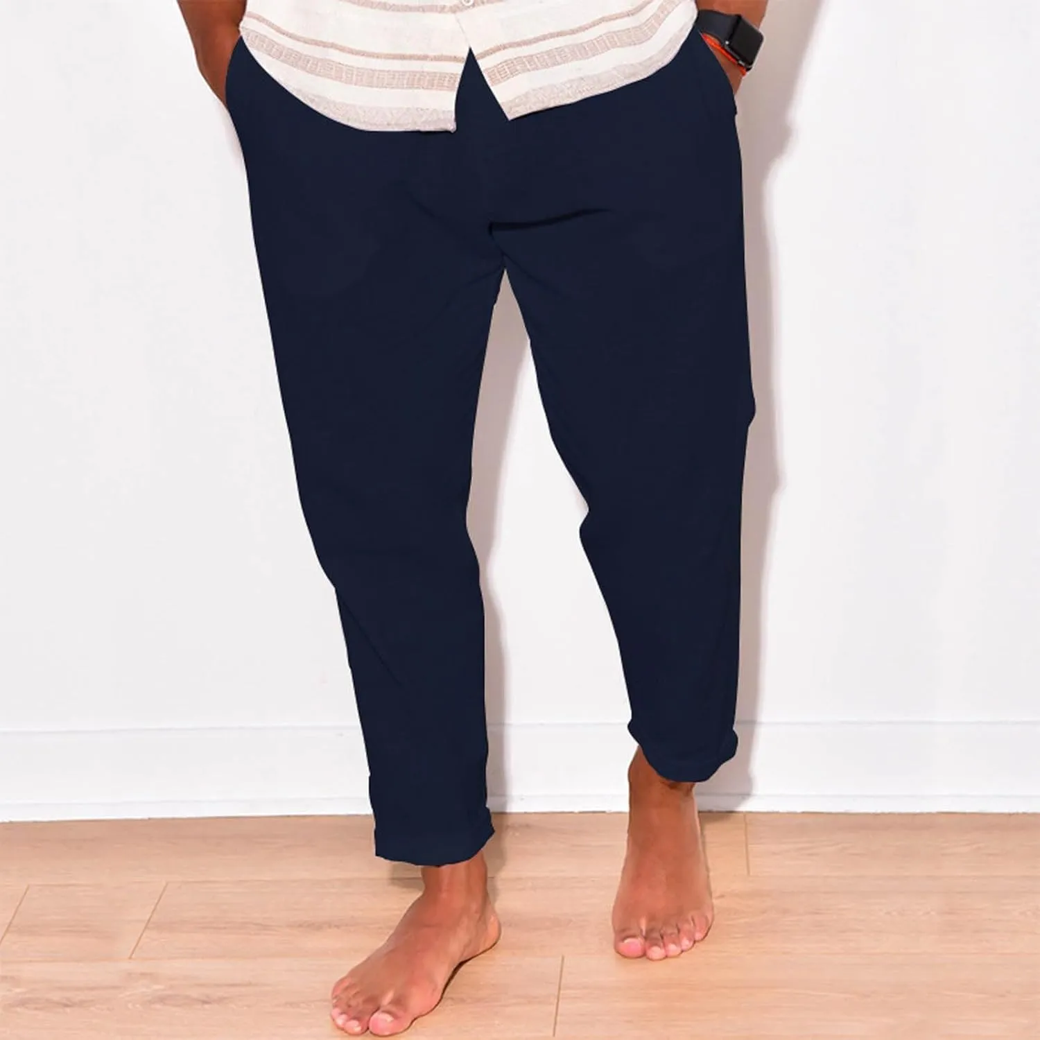 Men Linen Pants Elastic Waist Drawstring Beach Pants Harem Summer Pants Lightweight Linen Trousers with Pockets