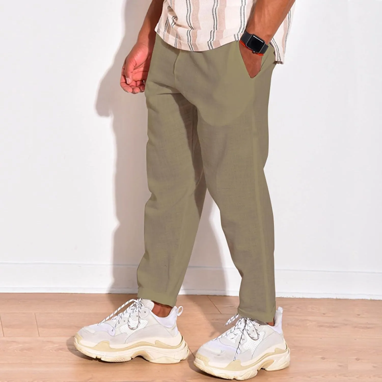 Men Linen Pants Elastic Waist Drawstring Beach Pants Harem Summer Pants Lightweight Linen Trousers with Pockets