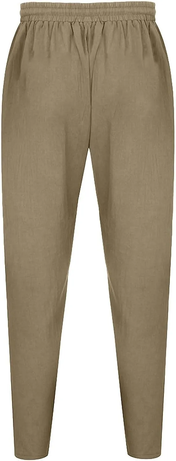 Men Linen Pants Elastic Waist Drawstring Beach Pants Harem Summer Pants Lightweight Linen Trousers with Pockets