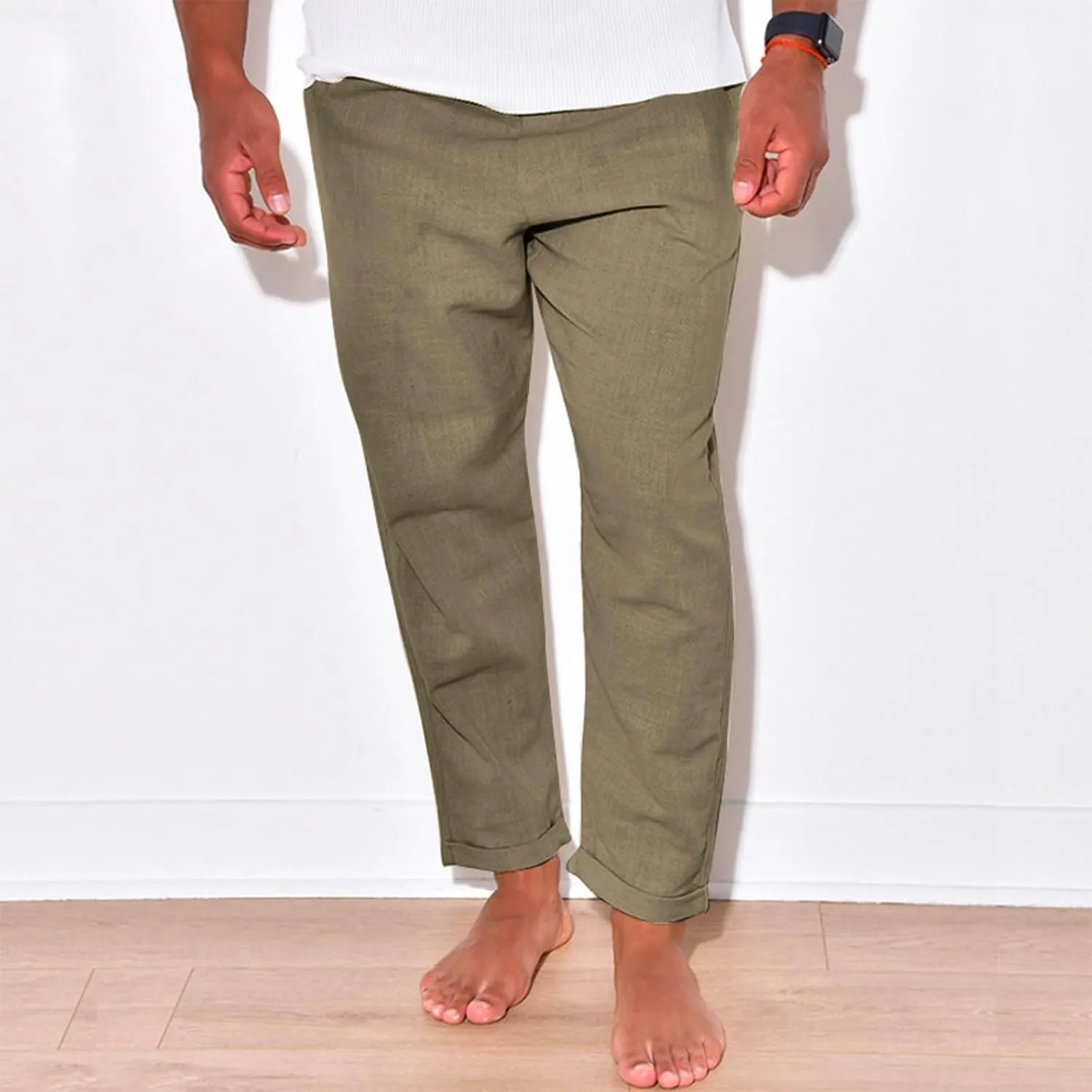 Men Linen Pants Elastic Waist Drawstring Beach Pants Harem Summer Pants Lightweight Linen Trousers with Pockets