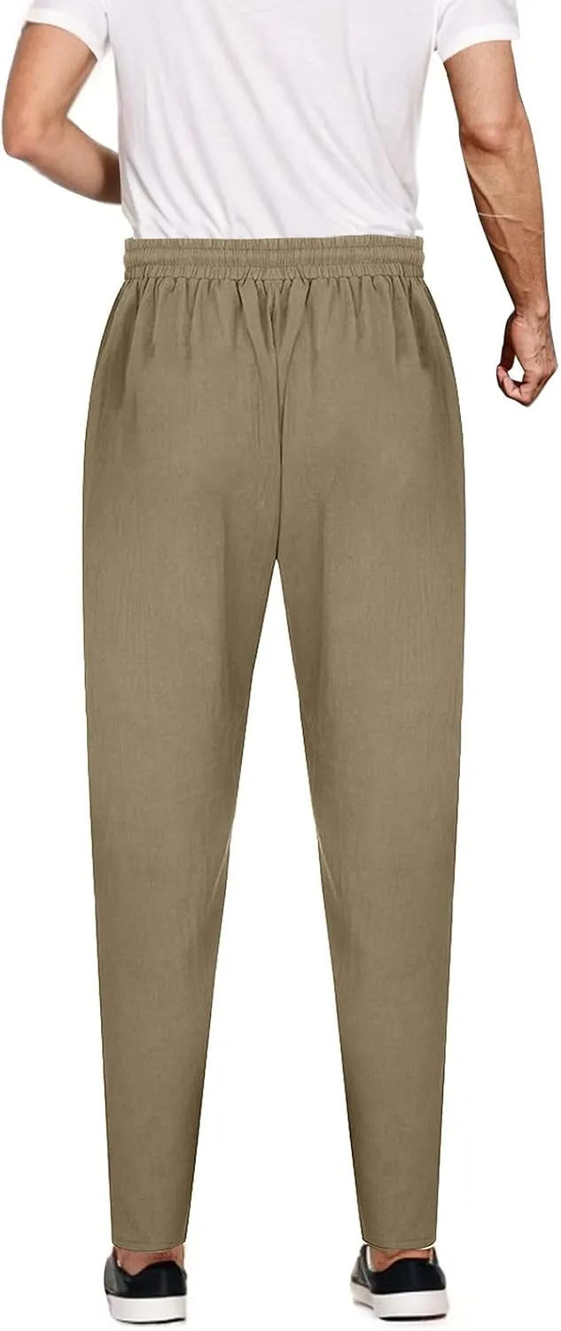 Men Linen Pants Elastic Waist Drawstring Beach Pants Harem Summer Pants Lightweight Linen Trousers with Pockets