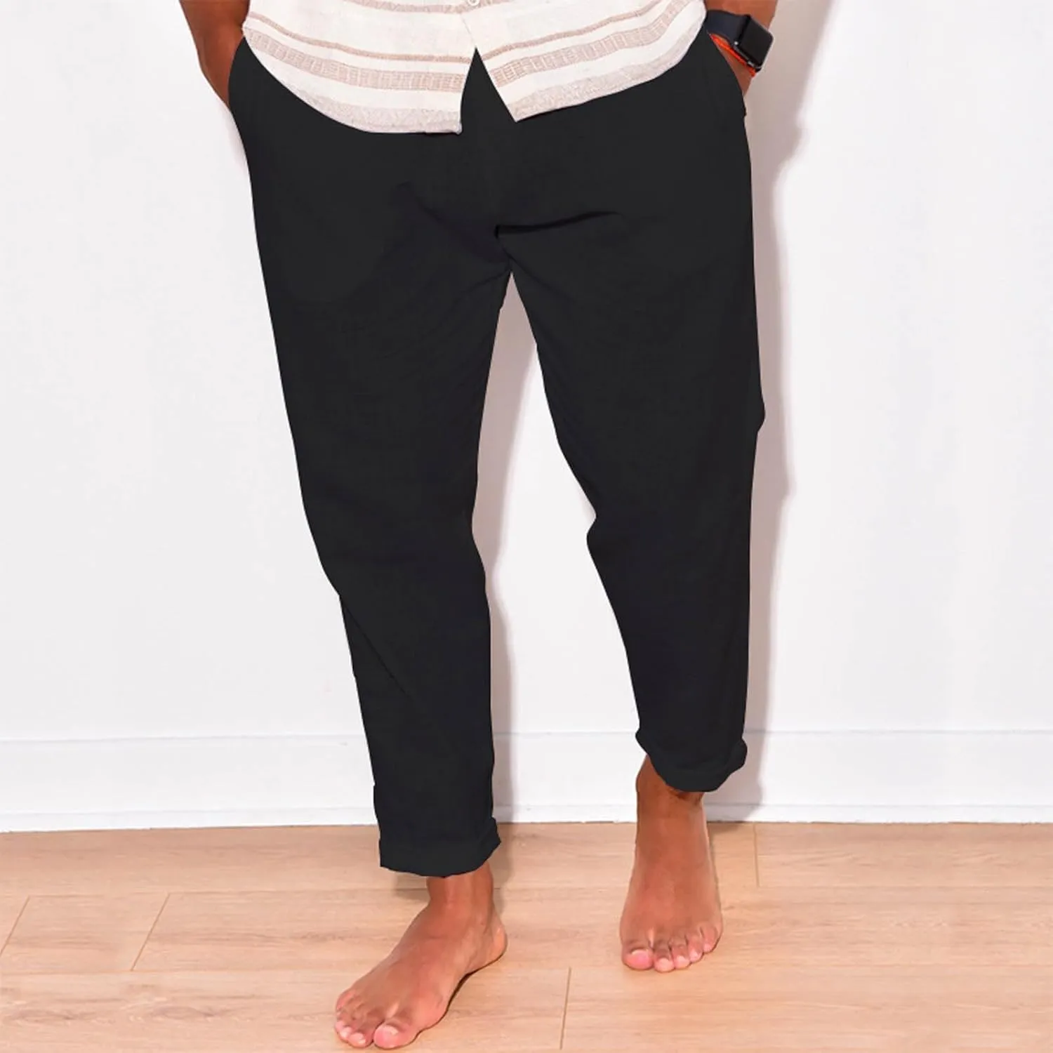 Men Linen Pants Elastic Waist Drawstring Beach Pants Harem Summer Pants Lightweight Linen Trousers with Pockets