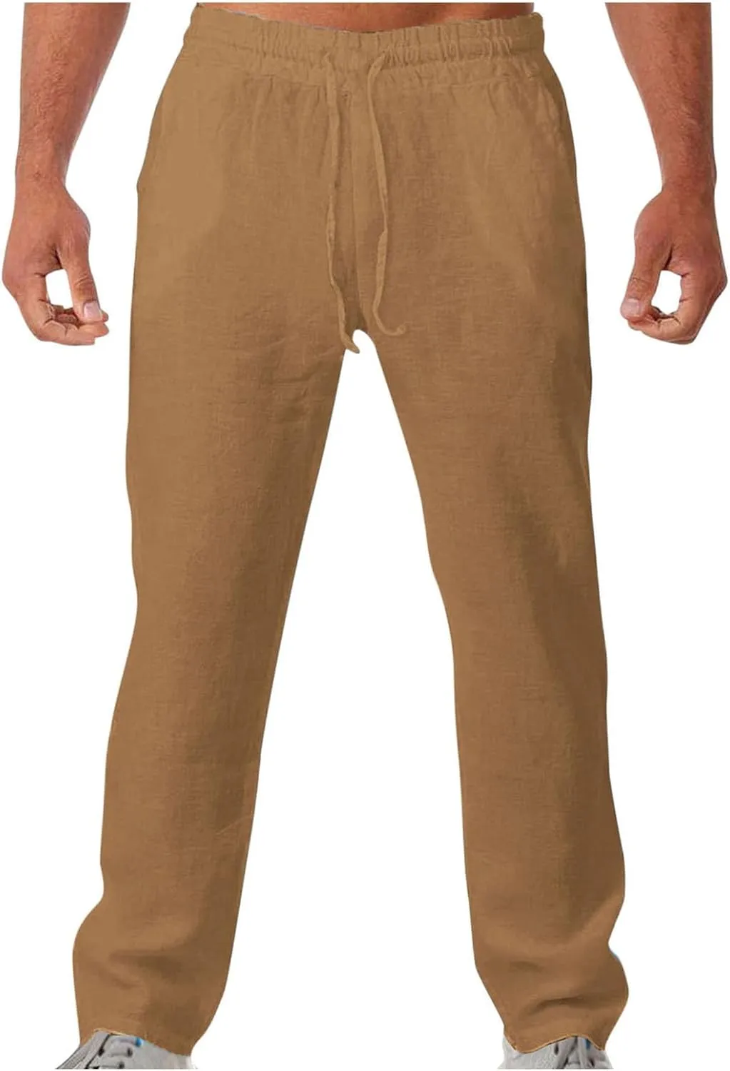 Men Linen Pants Slim Fit Cotton Casual Lightweight Elastic Waist Summer Beach Drawstring Trousers with Pockets