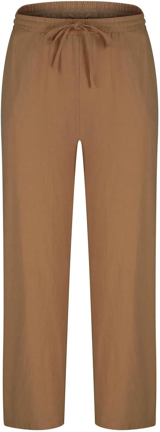 Men Linen Pants Slim Fit Cotton Casual Lightweight Elastic Waist Summer Beach Drawstring Trousers with Pockets