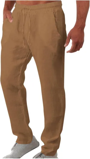 Men Linen Pants Slim Fit Cotton Casual Lightweight Elastic Waist Summer Beach Drawstring Trousers with Pockets
